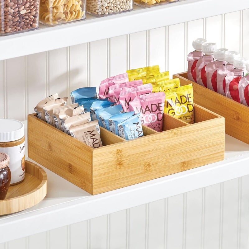 mDesign Bamboo Wood Food Storage Organizer Box, 4 Section, Divided Compartment Bin; Container for Kitchen, Pantry; Holder for Spices, Snacks, Tea, Coffee Cup - Echo Collection - 2 Pack - Natural - Image 3