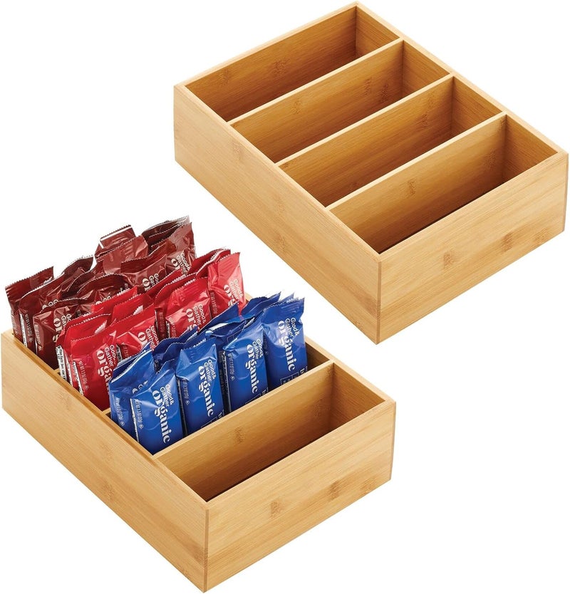 mDesign Bamboo Wood Food Storage Organizer Box, 4 Section, Divided Compartment Bin; Container for Kitchen, Pantry; Holder for Spices, Snacks, Tea, Coffee Cup - Echo Collection - 2 Pack - Natural - Image 1