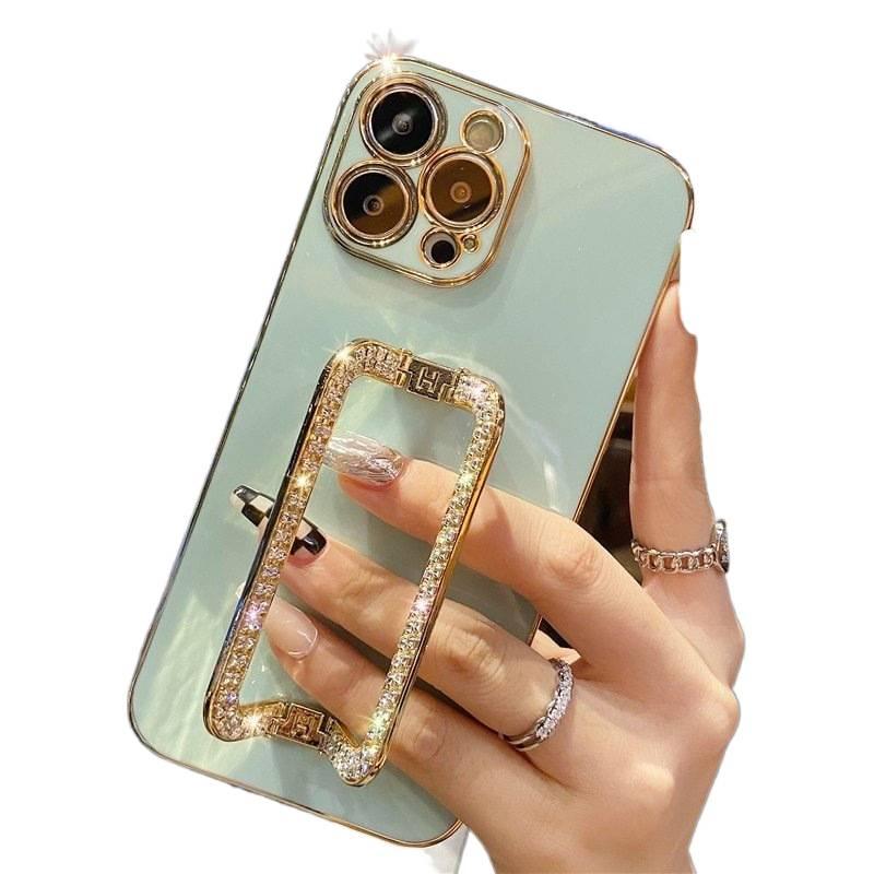 غطاء واقي بTPU لـ iPhone 14 / 14 Plus / 14 Pro / 14 Pro Max مع حماية من السقوط وحامل قائم مع مقاوم للصدمات مع مطلي بالكهرباء مع مشبك ماسي باللون Light Cyan بوظيفة حامل من مادة TPU - Image 1
