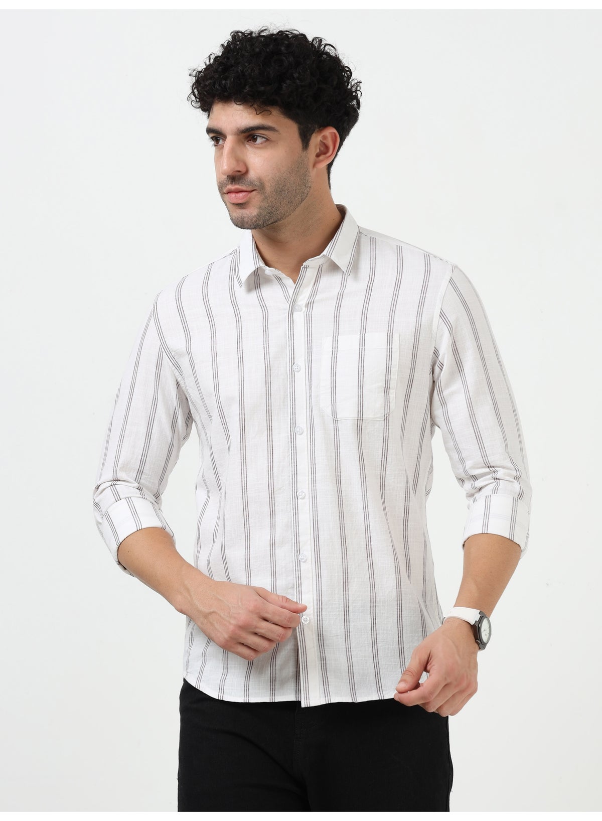 THE SOUTHZ White Black Stripe Full Sleeve Linen Shirt | Best Price UAE ...