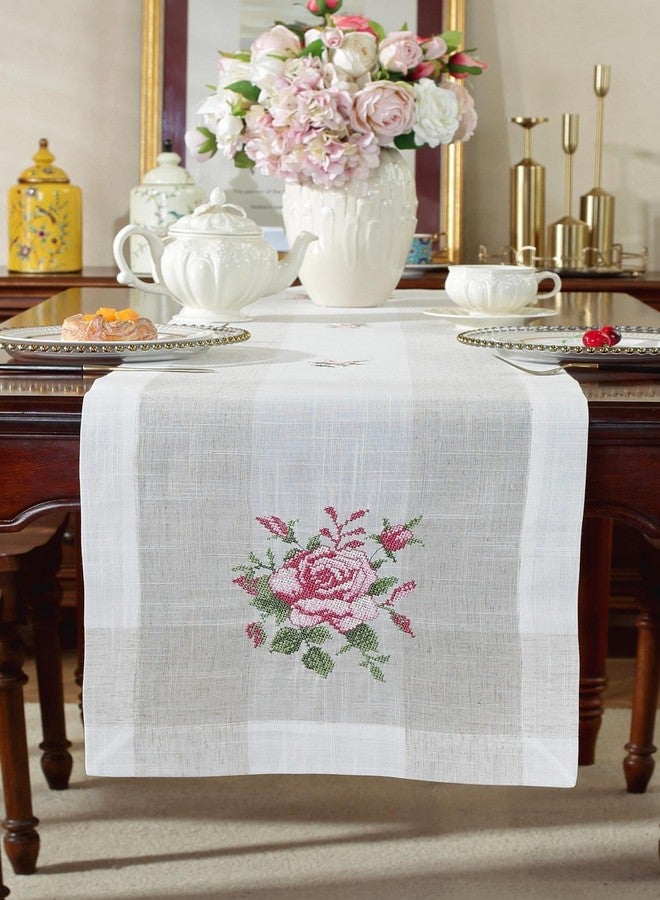 MONKDECOR Linen Cross Stitch Embroidery Centre Table Runner (Size-16x33 Inches) Design-3 Pink - Image 2