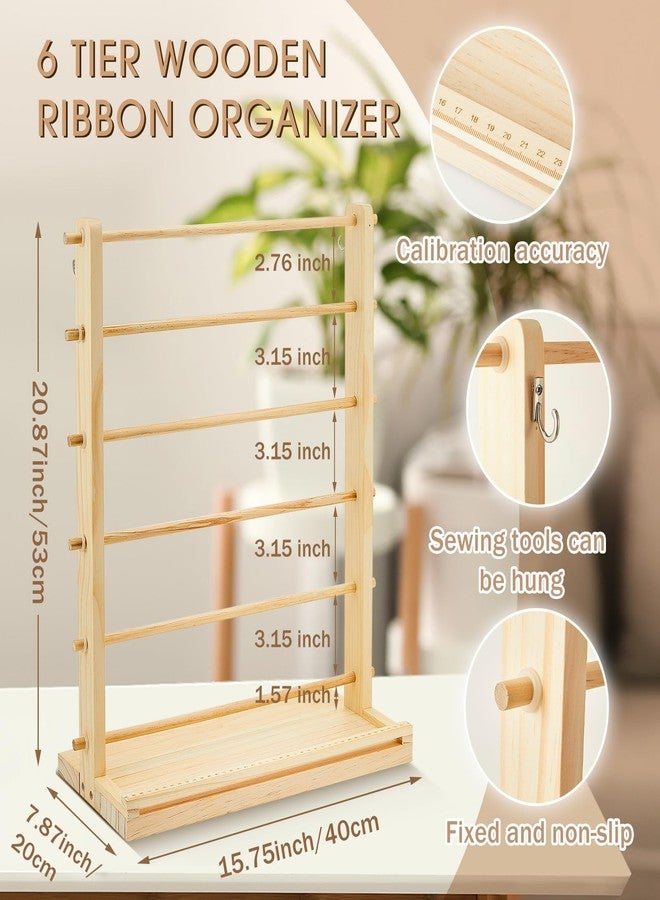 Menkxi 6 Tier Wooden Ribbon Organizer Christmas Ribbon Holder Rack Thread Washi Tape Spool Holder Storage Organizer for Sewing Craft Wreath Crochet Roll Florist Arts Wrapping Gift - Image 2