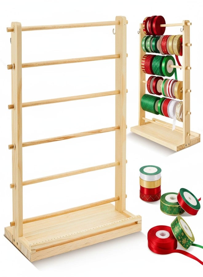 Menkxi 6 Tier Wooden Ribbon Organizer Christmas Ribbon Holder Rack Thread Washi Tape Spool Holder Storage Organizer for Sewing Craft Wreath Crochet Roll Florist Arts Wrapping Gift - Image 1