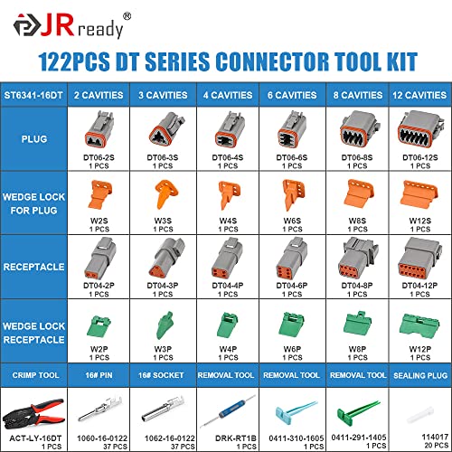 JRready Deutsch Connector Kit with crimper ACT-LY-16DT, 2 3 4 6 8 12Pin DT Connector 1Kit with 35Pairs Stamped Contacts for automotive repairing (ST6341-16DT) - Image 2