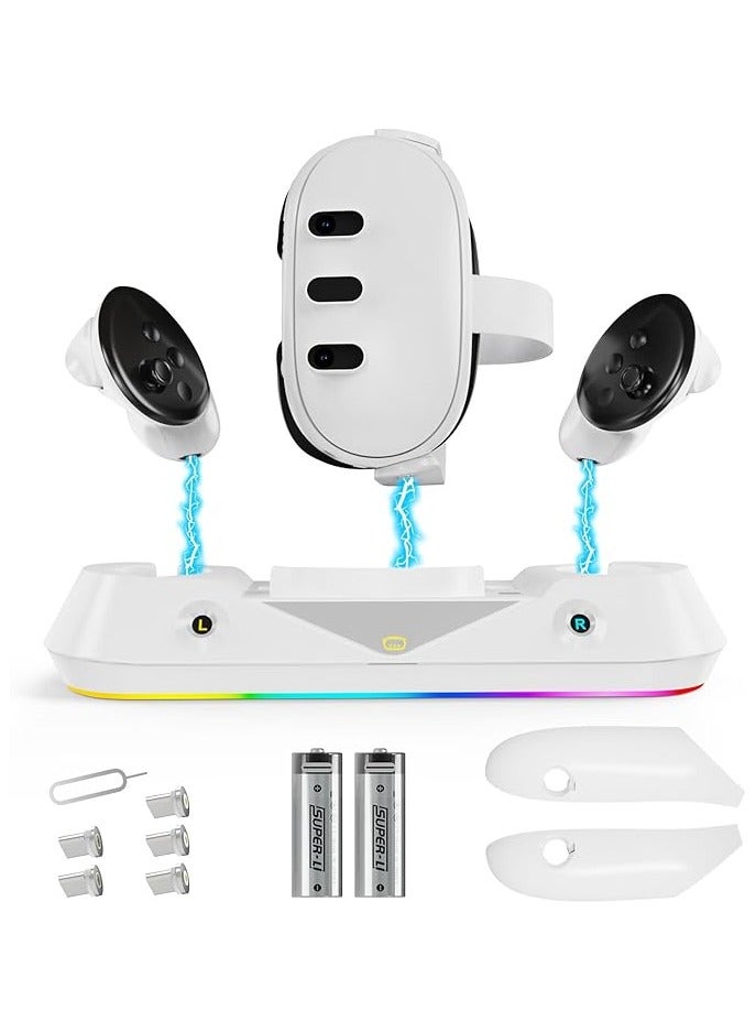 بروماس محطة شحن متوافقة مع  Quest 3، قاعدة شحن سريعة لرأس Oculus Quest 3 Vr مع ضوء RGB، بطاريتان قابلتان لإعادة الشحن لوحدة التحكم - Image 1