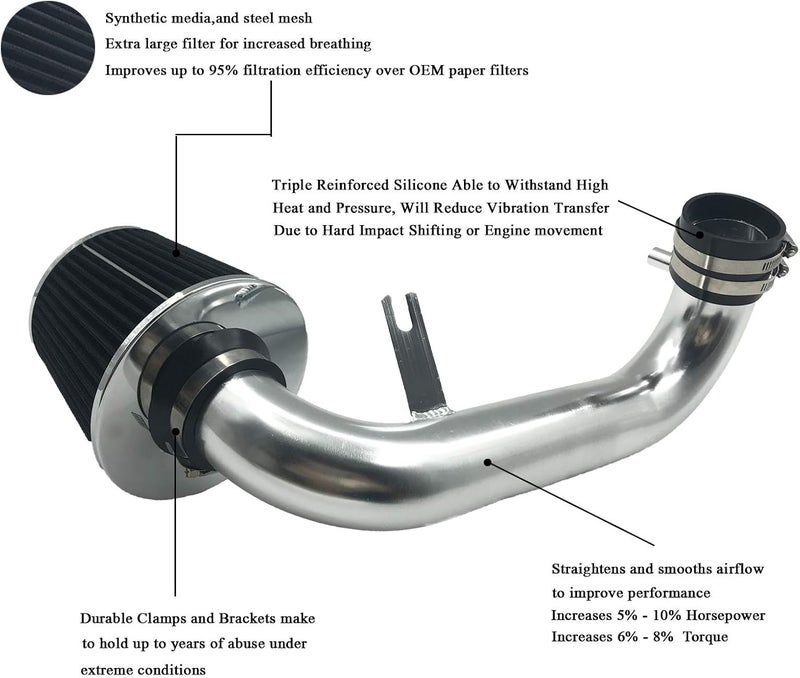 MOOSUN 2.5 Inch Cold Air Intake Kit with Filter Fit for Honda Civic 2001 2002 2003 2004 2005 DX/LX/EX/GX/VP AT/MT 1.7L (Silver Tube & Black Filter) - Image 2