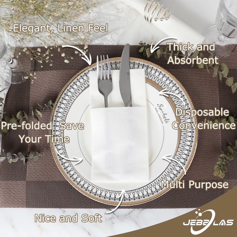JEBBLAS 100Pack Disposable Cloth Like Napkins, Built-in Flatware Pocket, Wedding Party Linen Feel White Napkin, Prefolded for Silverware - Image 2