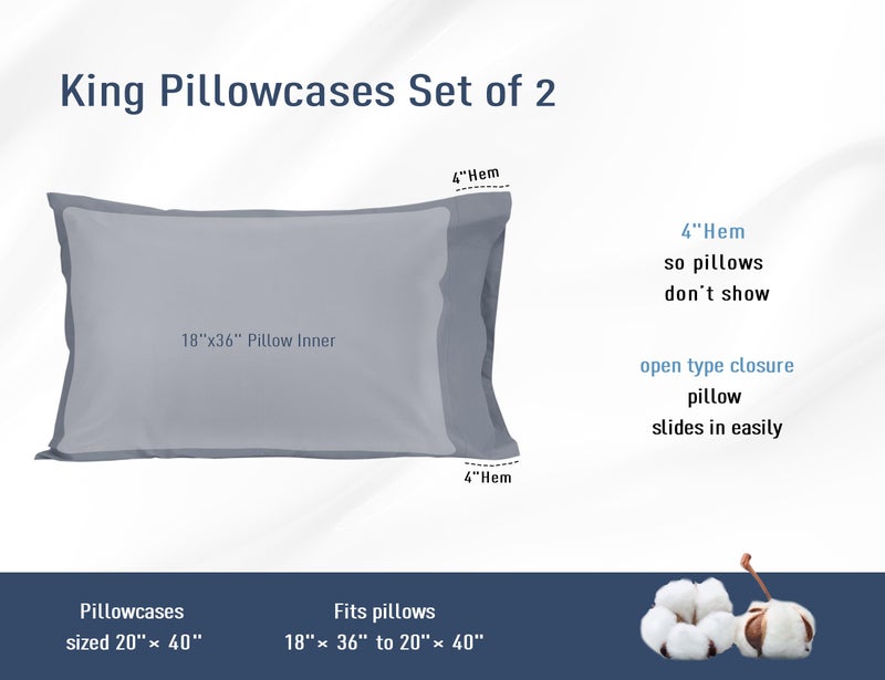 HOMTEC Cotton Pillow Cases King Size Set of 2  20 by 40 inches King Pillow Cases  Dark Gray King Pillow Cases  King Pillowcases Cotton Percale Weave Pre-Shrunk Breathable and Hypoallergenic - Image 3