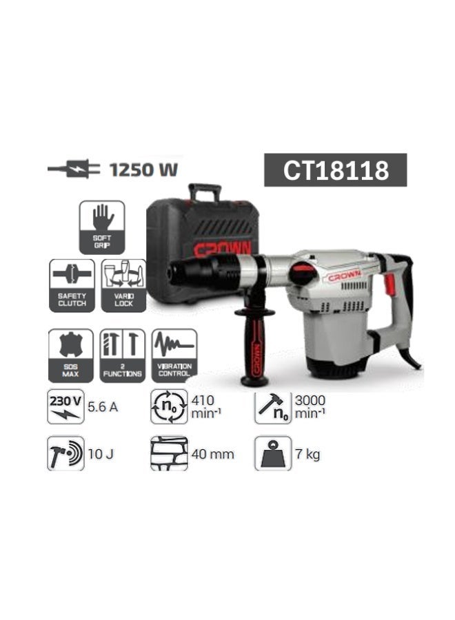 Crown T18118 BMC Heavy Rotary Hammer 1250W SDS-Max – Powerful Hammer Drill for Concrete and Walls with Anti-Vibration System and Safety Clutch - Image 3