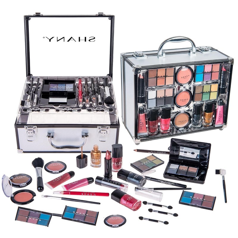 Shany SHANY Carry All Trunk Makeup Train Case with Re-usable Aluminum Makeup Storage Case Non Toxic Color Makeup Set with Eye shadow palettes, Blushes,Makeup Powders, Manicure, Pedicure and Makeup