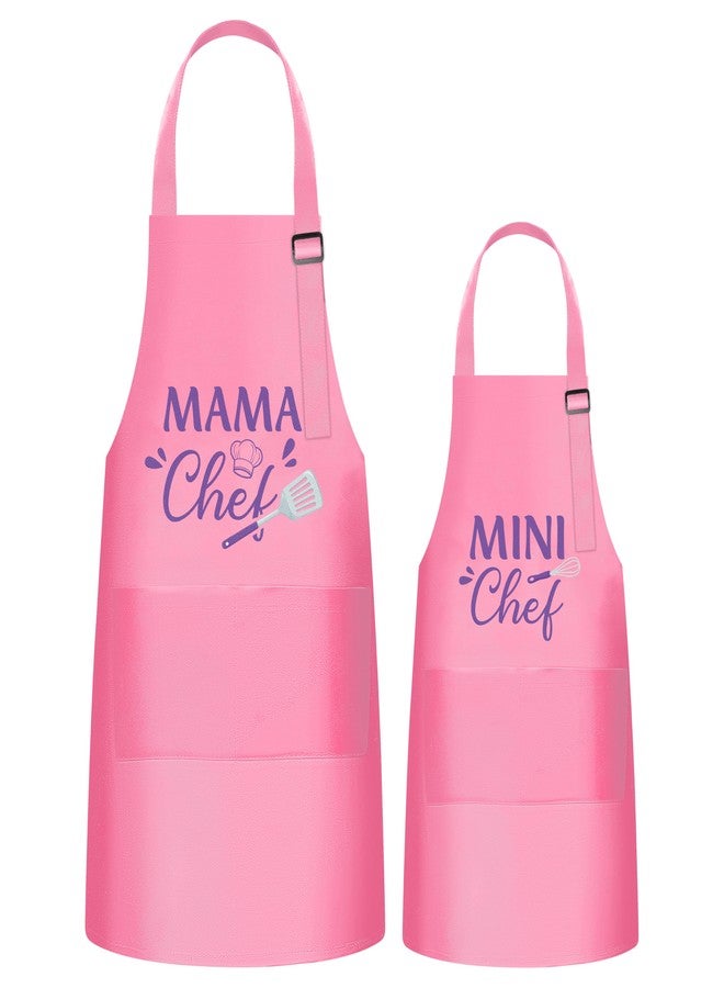 GROBRO7 2Pcs Kids Adult Apron Set Gift, Mama and Mini Chef Pattern Adjustable Strap Kitchen Family Aprons with 2 Pockets, Waterproof Pink Smocks for Baking Cooking Gardening - Image 1