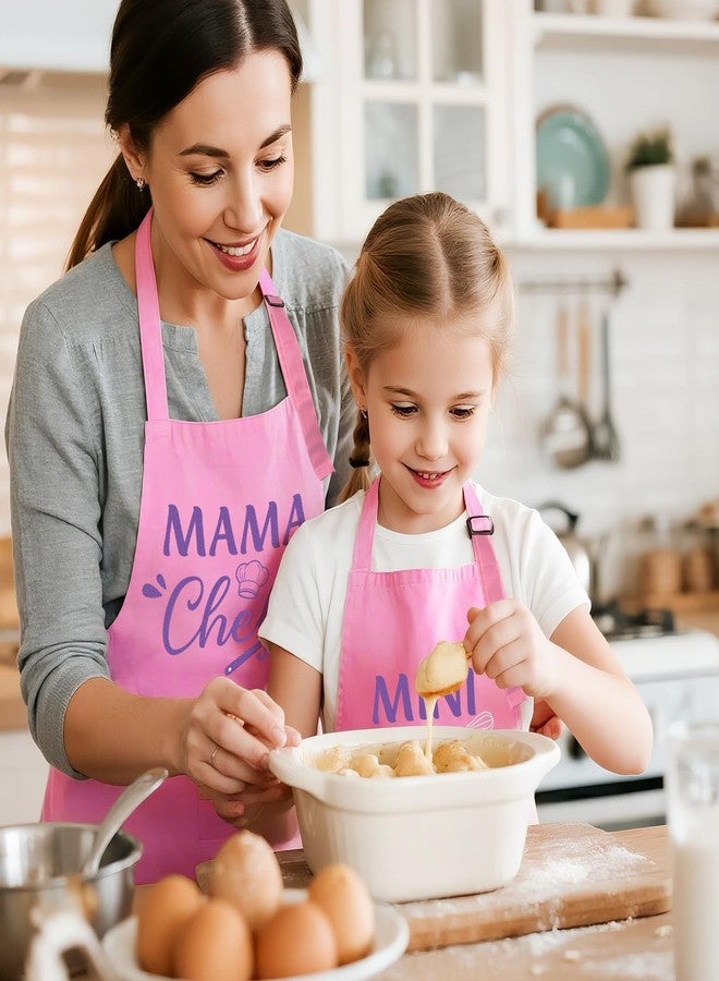 GROBRO7 2Pcs Kids Adult Apron Set Gift, Mama and Mini Chef Pattern Adjustable Strap Kitchen Family Aprons with 2 Pockets, Waterproof Pink Smocks for Baking Cooking Gardening - Image 4