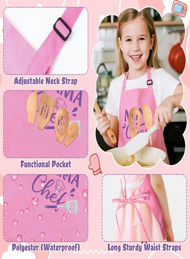 GROBRO7 2Pcs Kids Adult Apron Set Gift, Mama and Mini Chef Pattern Adjustable Strap Kitchen Family Aprons with 2 Pockets, Waterproof Pink Smocks for Baking Cooking Gardening - Image 3