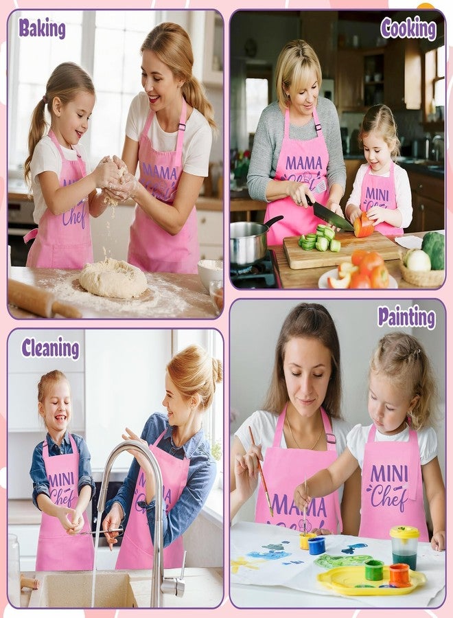 GROBRO7 2Pcs Kids Adult Apron Set Gift, Mama and Mini Chef Pattern Adjustable Strap Kitchen Family Aprons with 2 Pockets, Waterproof Pink Smocks for Baking Cooking Gardening - Image 5