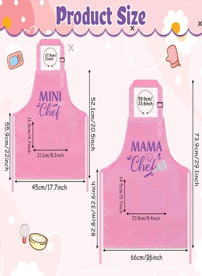 GROBRO7 2Pcs Kids Adult Apron Set Gift, Mama and Mini Chef Pattern Adjustable Strap Kitchen Family Aprons with 2 Pockets, Waterproof Pink Smocks for Baking Cooking Gardening - Image 2