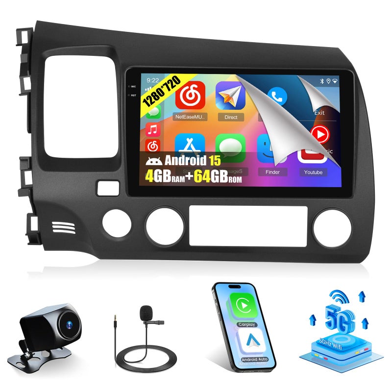 Roinvou 464G Android 15 Radio for Honda Civic 20062011 9 Touchscreen for Civic Car Stereo Wireless CarPlayAndroid Auto 5GHz WiFi Bluetooth 50 EQ GPS Navigation 1280 720 Backup Camera - Image 2
