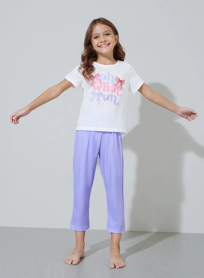 Styli Girls White Graphic Print T-Shirt and Purple Pants Pyjama Set