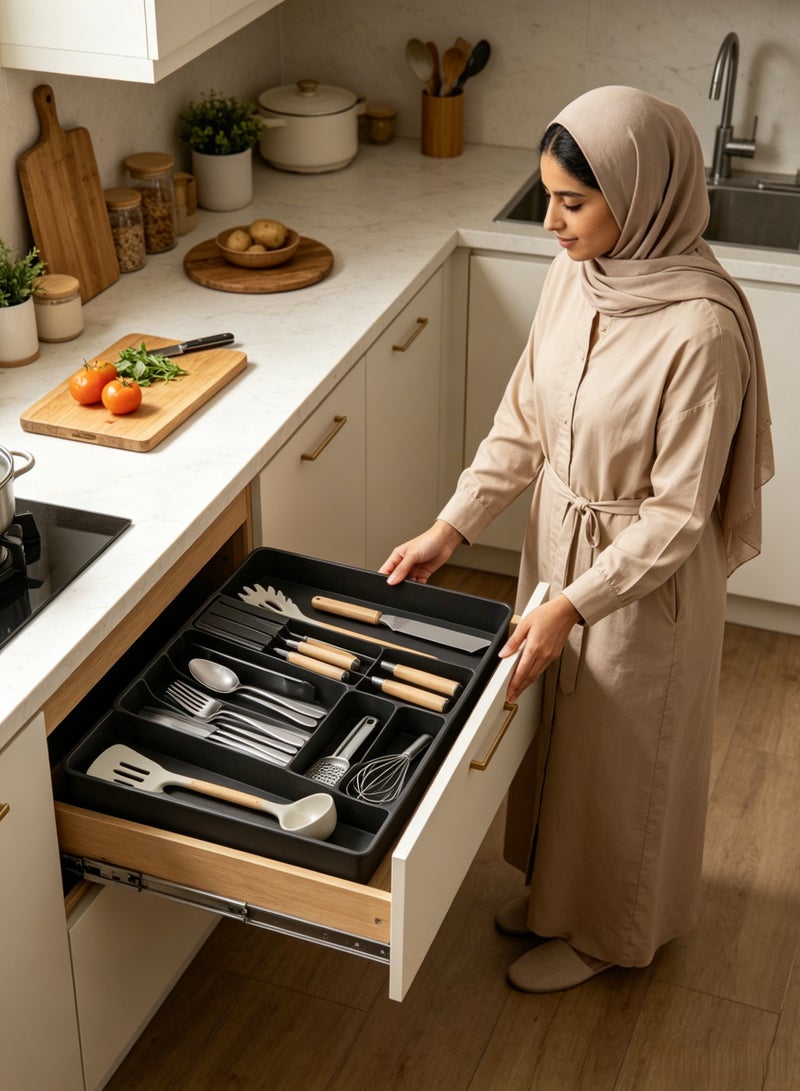 منظم أدراج لأدوات المائدة، صينية أدوات قابلة للتوسيع، حامل أدوات مائدة للمطبخ، تخزين قابل للتعديل لأدوات المائدة من ملاعق وشوك وسكاكين، كبير، صينيتان لأدوات المائدة خاليتان من مادة BPA مع حاملين للسكاكين، أسود - Image 3
