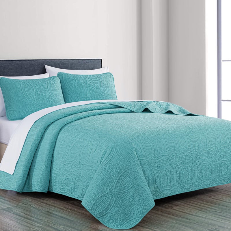 Chezmoi Collection Chezmoi Collection Austin 3Piece Oversized Bedspread Coverlet Set Queen Turquoise 