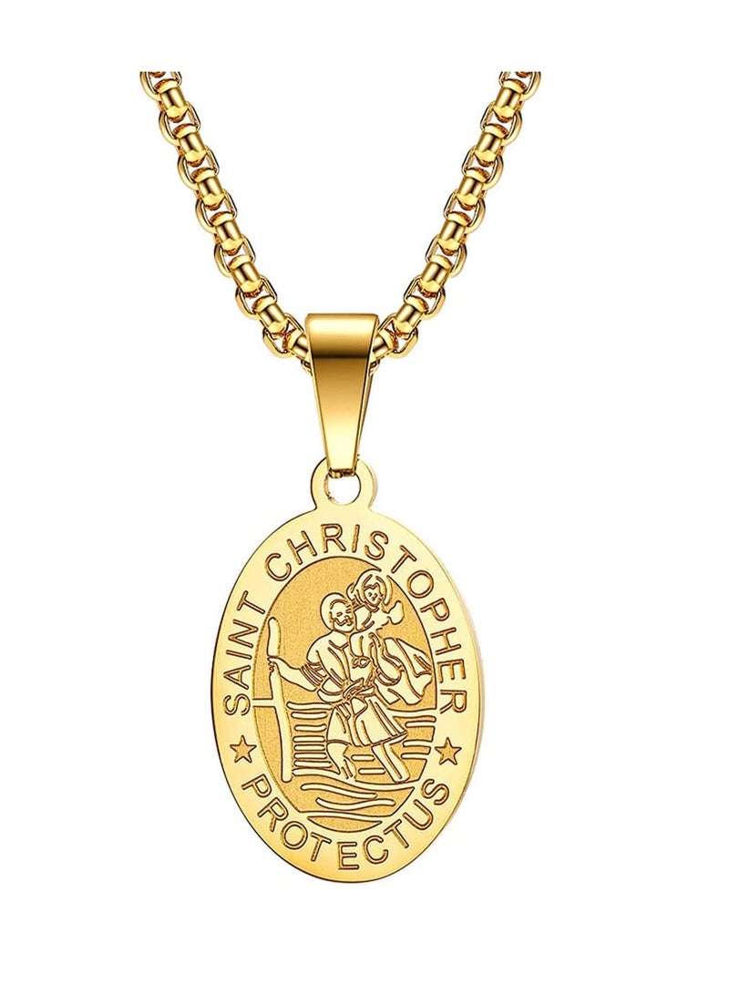 SOLARAE St Christopher Necklace for Men Women, Engraved Saint Christopher Necklace Silver St christopher, Medal Pendant Necklace Jewelry for Men Women Boys, 60cm - Image 1