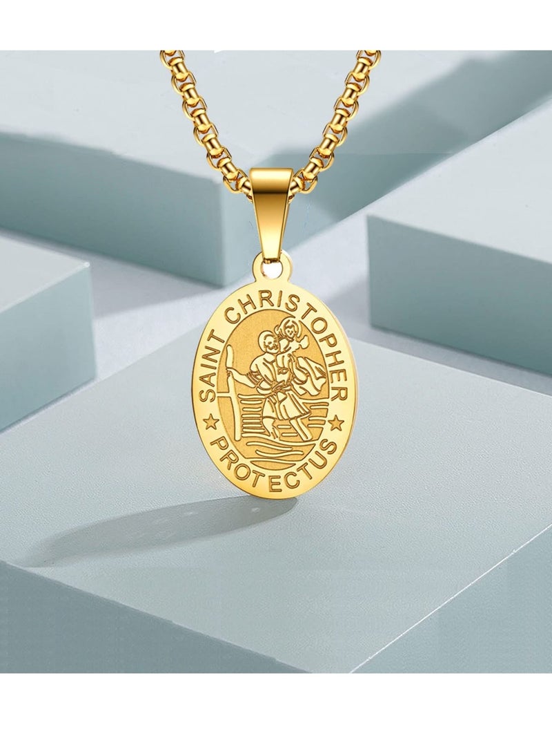 SOLARAE St Christopher Necklace for Men Women, Engraved Saint Christopher Necklace Silver St christopher, Medal Pendant Necklace Jewelry for Men Women Boys, 60cm - Image 5