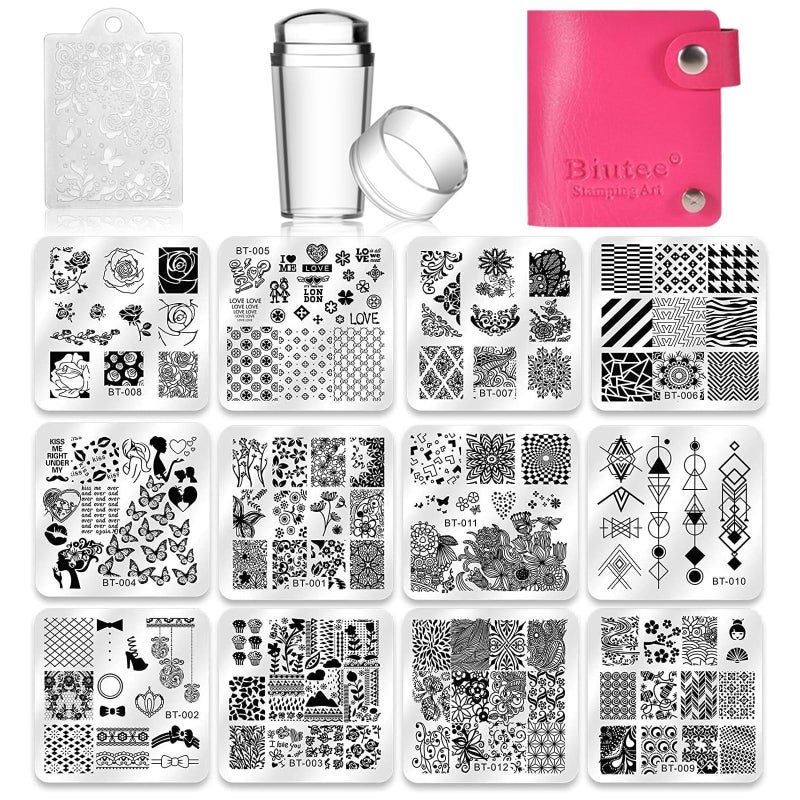 Biutee Nail Stamping Plates Set 12pcs Nail Plates 1stamper 1scraper 1storage bag Nail plate Template Image Plate Stencil Nails Tool (C) - Image 1