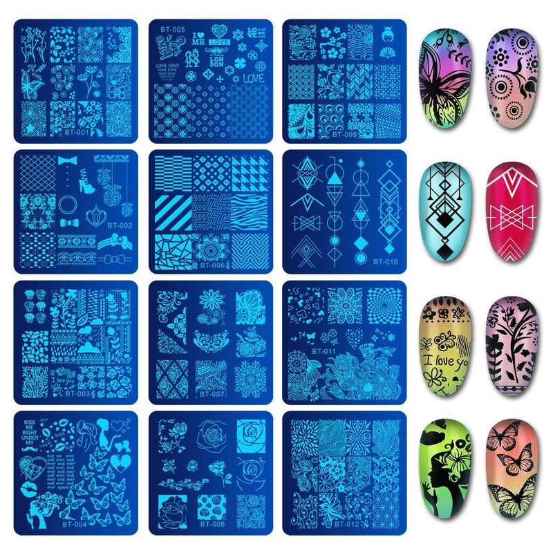 Biutee Nail Stamping Plates Set 12pcs Nail Plates 1stamper 1scraper 1storage bag Nail plate Template Image Plate Stencil Nails Tool (C) - Image 3