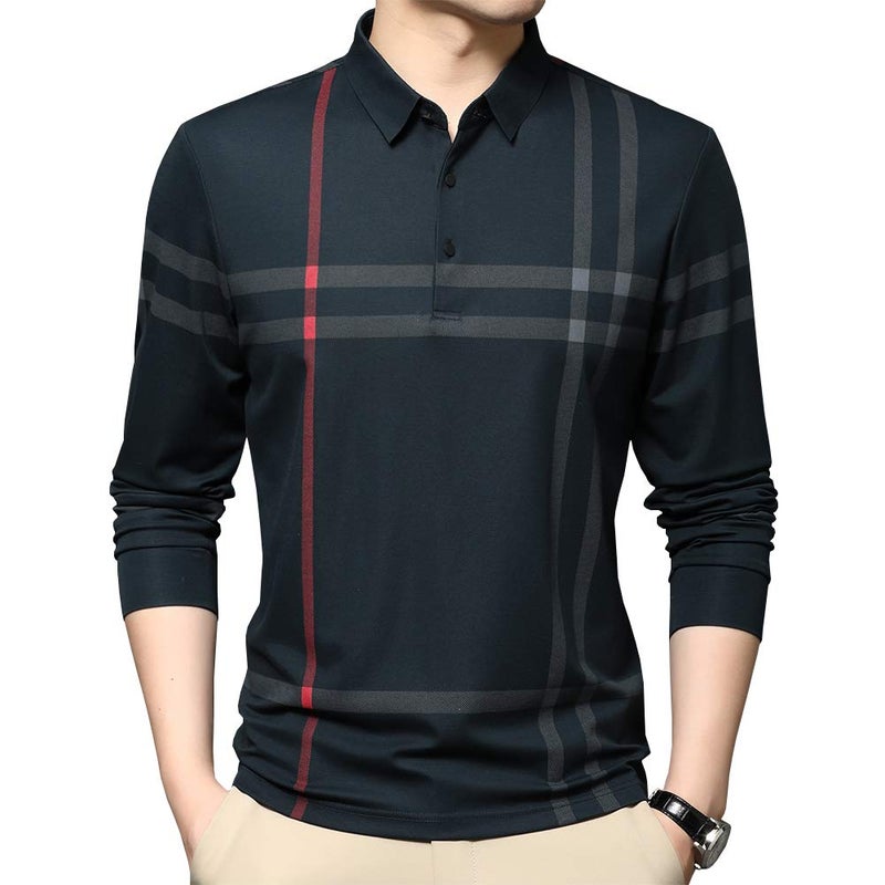 Womleys Mens Casual Striped Slim Fit Long Sleeve Collared T Shirt Polo Shirts (Green, Medium) - Image 1