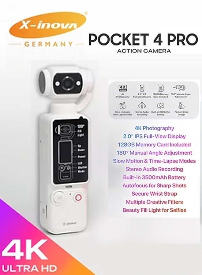 X-Inova Pocket 4 PRO 4K Ultra HD Action Camera White - Image 1