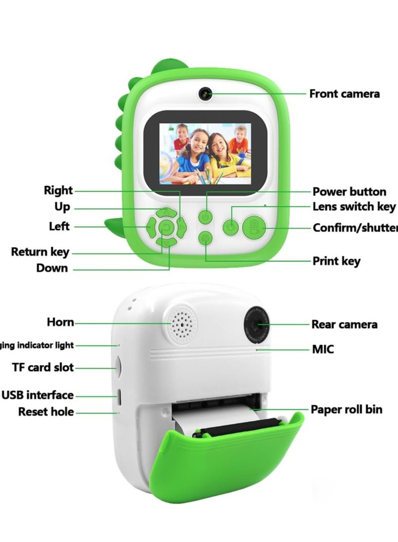 Dinosaur Kids Instant Print Camera Silicone Protective Cover 1080P Digital Selfie Camera 2.4-inch IPS Screen Instant Print Kids Camera with Photo Paper Rolls 16GB Micro SD Card (Green)  - Image 2