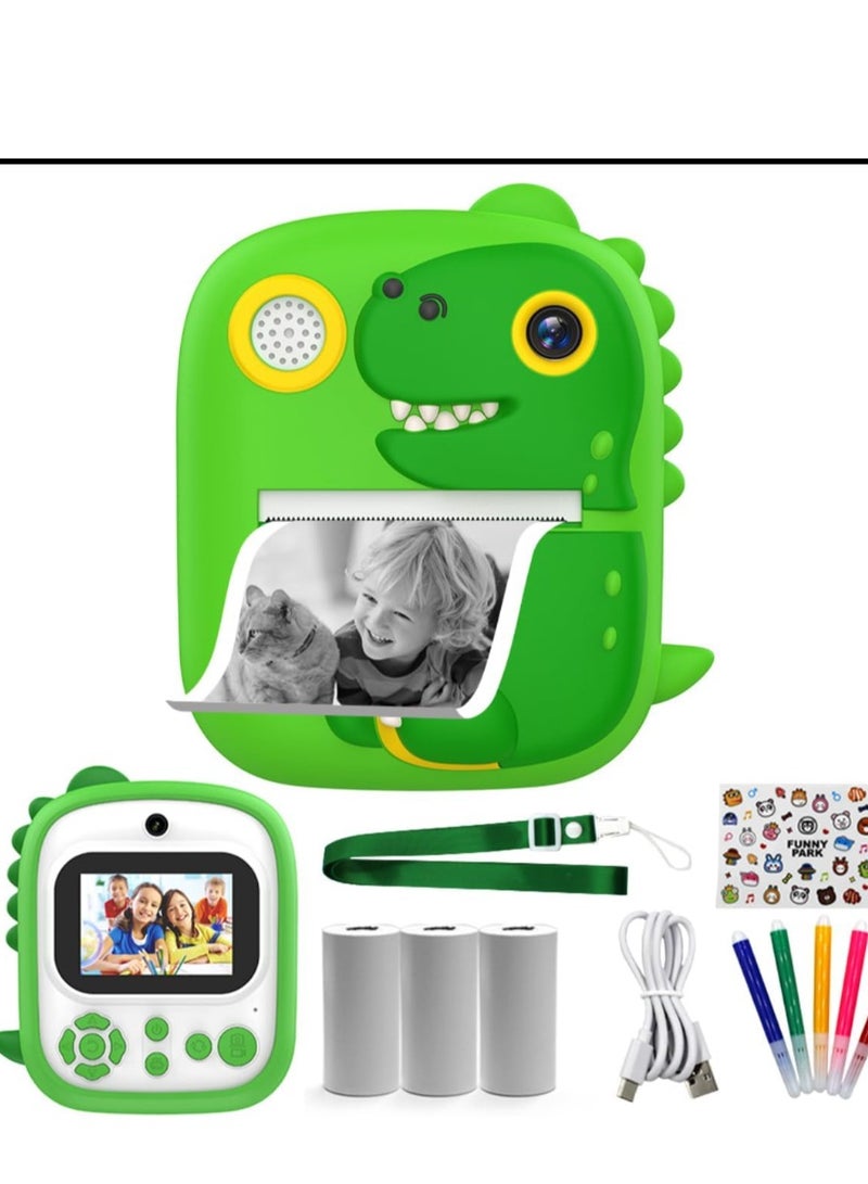 Dinosaur Kids Instant Print Camera Silicone Protective Cover 1080P Digital Selfie Camera 2.4-inch IPS Screen Instant Print Kids Camera with Photo Paper Rolls 16GB Micro SD Card (Green)  - Image 1