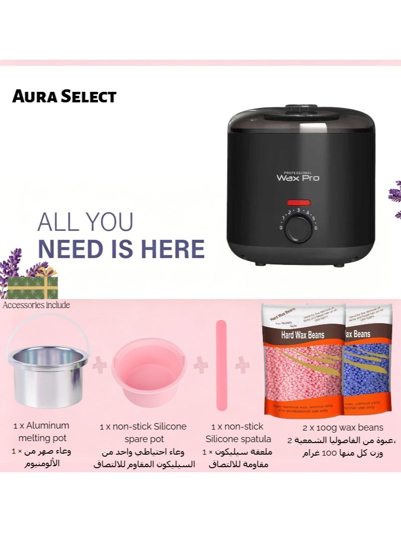 Aura Select 400ml epilators Constant Temperature Wax Warmer – PTC Fast Heating Hair Removal Waxing Kit with Original Aluminum Pot + Spare Silicone Pot & Silicone Spatula, 2×100g Wax Beans (Black) - Image 2