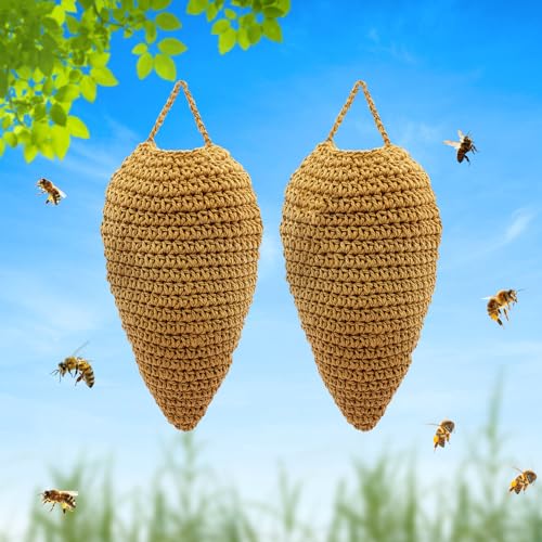 Vecacosic 2 Pack Large Crochet Wasp Nest Decoys Hanging Fake Hornet Nest Decoy Crochet Wasp Nest Decorative Items Fake Bee Hive for Outdoor Patio Eaves Orchard Dark Earthy - Image 1