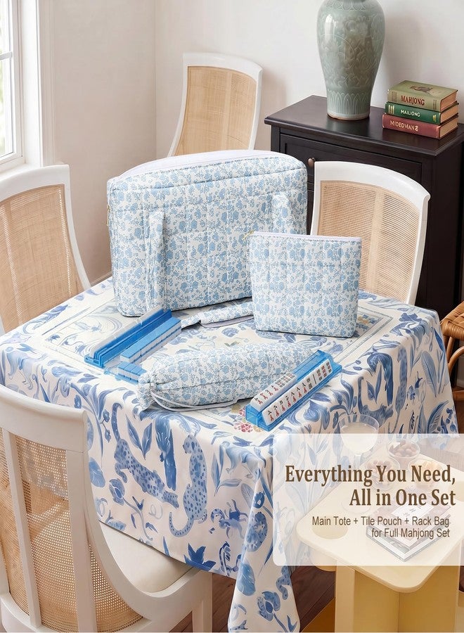 BBIQI Quilted American Mahjong Tote Bag Set, 3-Piece Mahjong Carrying Shoulder Bag Storage for Tiles, Racks and Card Pusher (Case Only) (Blue Floral) - Image 4
