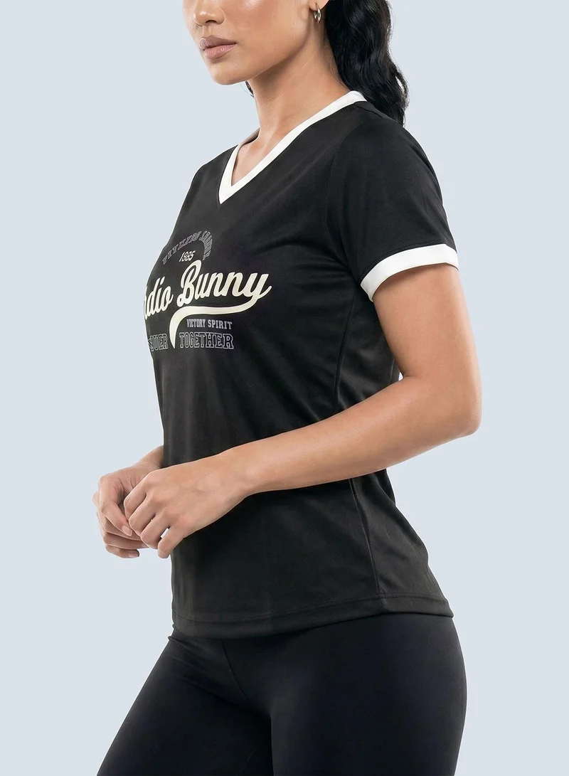 Cardio Bunny black Women's Regular Fit Varsity Tee With Short Sleeve for Women | Best Price UAE