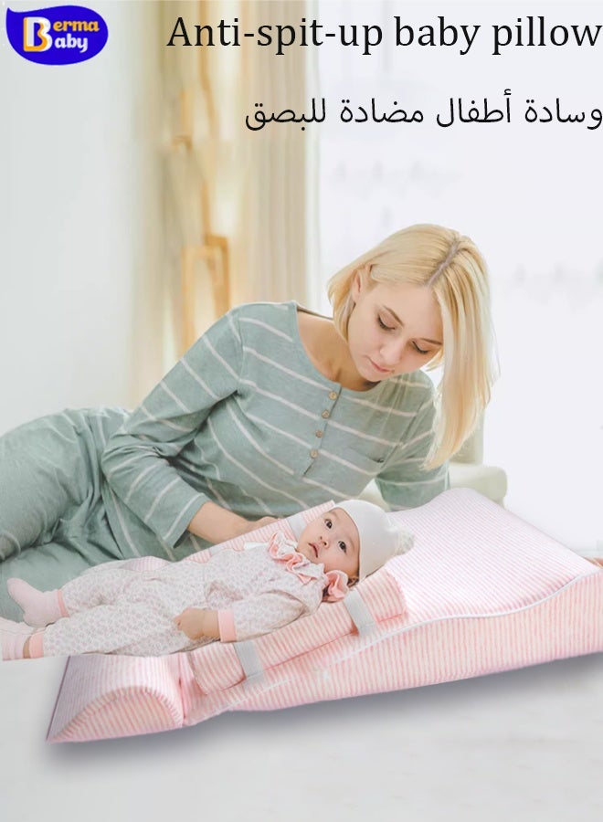 Berma Baby Baby Wedge Pillow Nursery Pillows, 30 °Tilt Breastfeeding Pillow, Baby Lounger Baby Nest,Ergonomic Anti Vomiting Pillow, Prevent Spitting Flat Head Reflux, Breathable Soft Pure Cotton (Pink) - Image 1