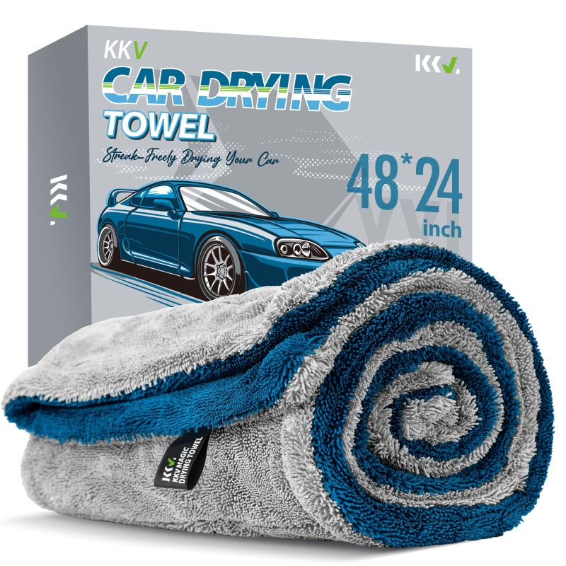 KKV Full-Sized SUV Drying Towel  48 x24  Dual Sided Microfiber Car Cleaning Towel with Twisting Yarn Technique  1400GSM Super Absorbent  Scratch-Free  Machine Washable (LightGrey-MarineBlue) - Image 1