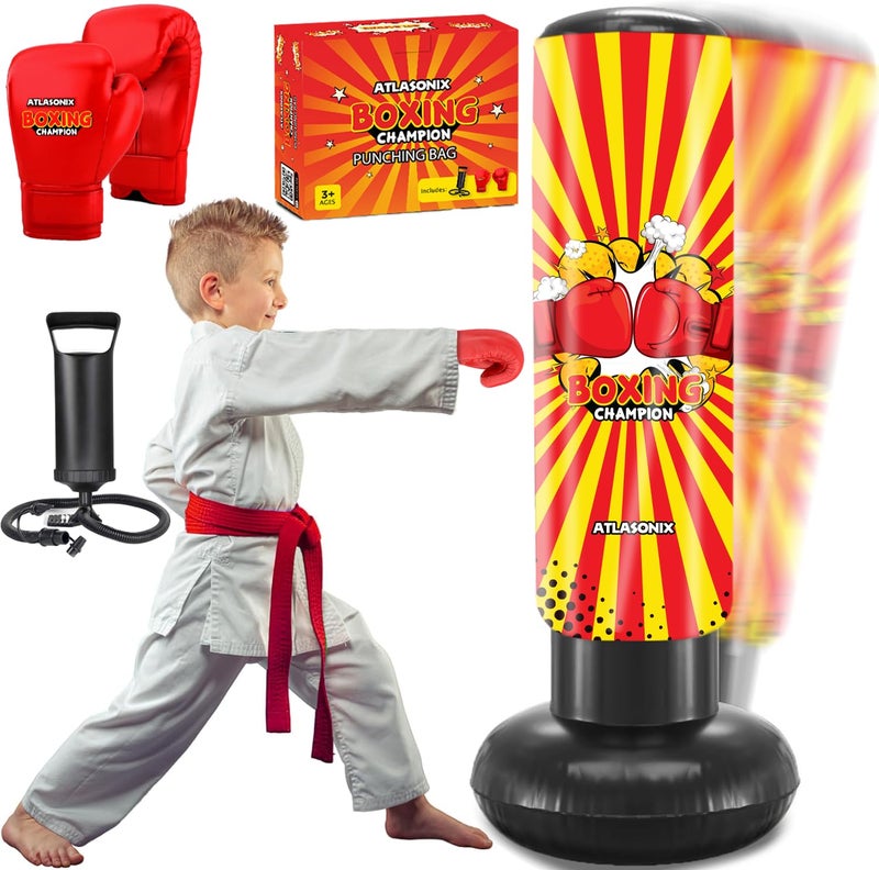 Atlasonix Punching Bag For Kids  Inflatable Punching Bag Kids 8-12 | Blow Up Boxing Bag  Fun Punch  Toy & Gifts For Boys And Girls  Fun Active Game Birthday Gift- Red - Image 1