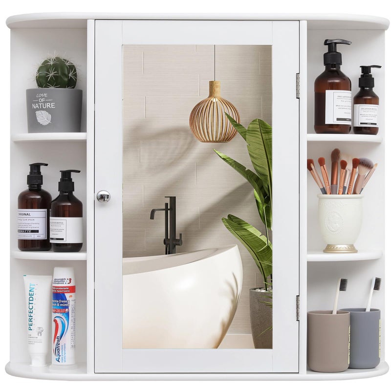 Iwell Bathroom Medicine Cabinet with Mirror, Bathroom Wall Cabinet with 2 Adjustable Shelves & 6 Open Shelves, Medicine Cabinet Organizer, Bathroom Cabinet Wall Mounted, White - Image 1