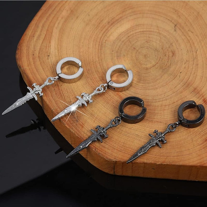 OIDIMS No Piercing Clip On Black Punk Sword Dangle Drop Small Hoop Earrings for Men Women Fake Pierced Punk Kpop Religious Christian Hypoallergenic Stainless Steel Hanging Cool Birthday Bff Gift - Image 2