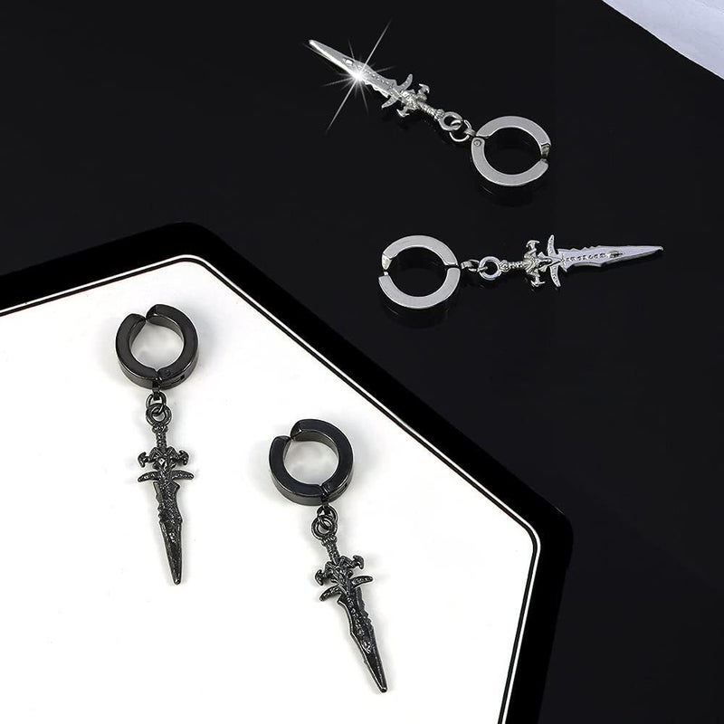 OIDIMS No Piercing Clip On Black Punk Sword Dangle Drop Small Hoop Earrings for Men Women Fake Pierced Punk Kpop Religious Christian Hypoallergenic Stainless Steel Hanging Cool Birthday Bff Gift - Image 1