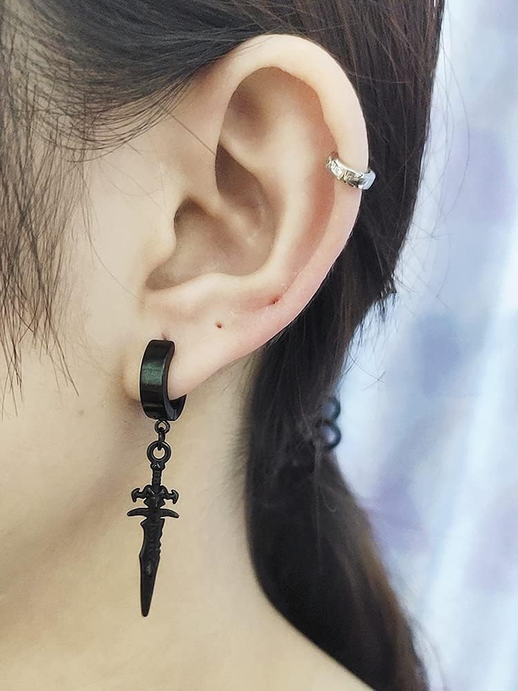 OIDIMS No Piercing Clip On Black Punk Sword Dangle Drop Small Hoop Earrings for Men Women Fake Pierced Punk Kpop Religious Christian Hypoallergenic Stainless Steel Hanging Cool Birthday Bff Gift - Image 4
