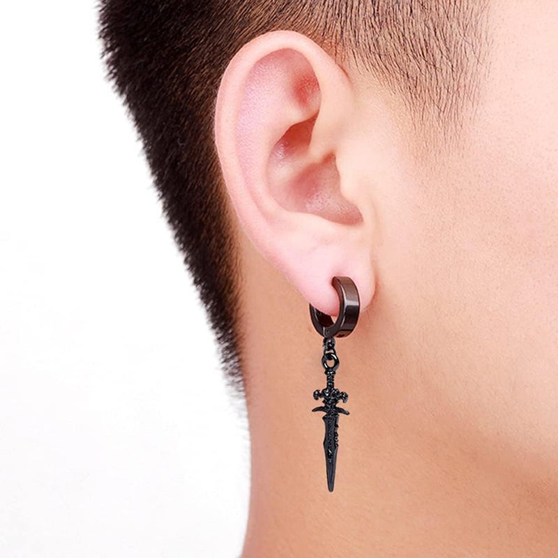 OIDIMS No Piercing Clip On Black Punk Sword Dangle Drop Small Hoop Earrings for Men Women Fake Pierced Punk Kpop Religious Christian Hypoallergenic Stainless Steel Hanging Cool Birthday Bff Gift - Image 3