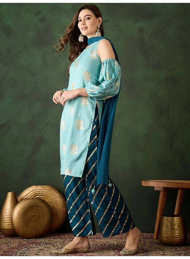 AKS Cyan & Cobalt Blue Foil print Kurta set