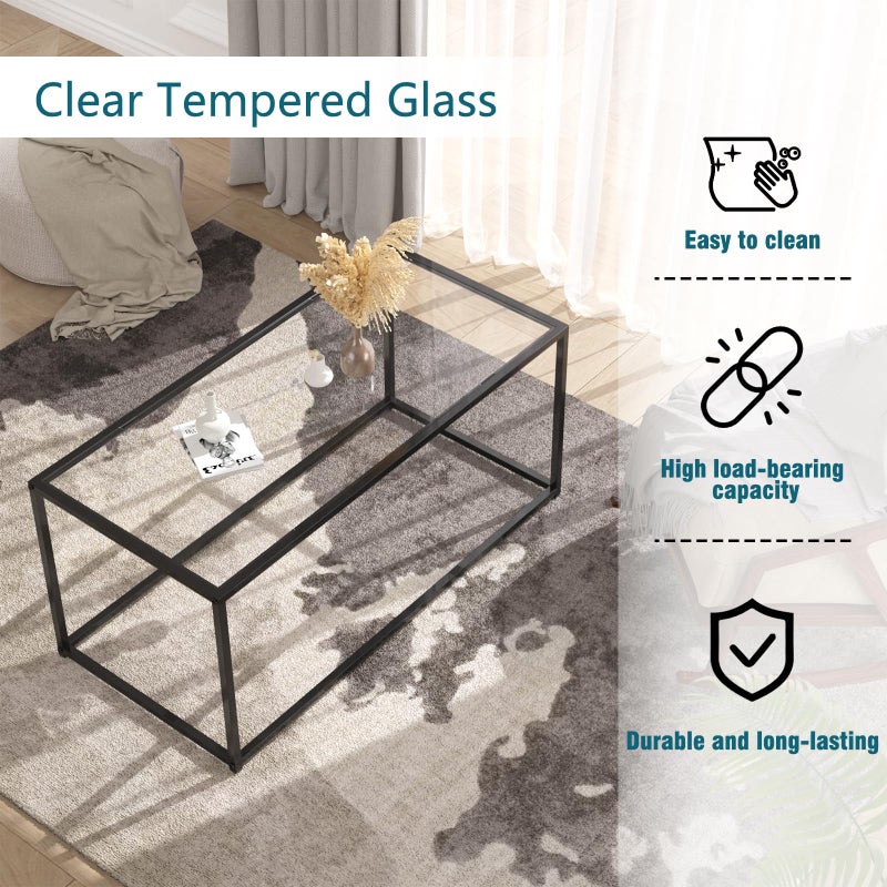 Easy Paws Glass Coffee Table Modern Center Table,Minimalist Coffee Table for Living Room,Tempered Glass-top with Sturdy Metal Frame, Easy Assembly,Black - Image 3