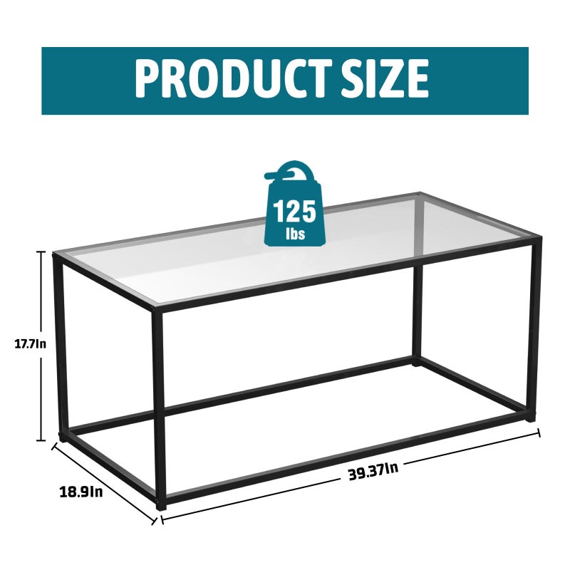 Easy Paws Glass Coffee Table Modern Center Table,Minimalist Coffee Table for Living Room,Tempered Glass-top with Sturdy Metal Frame, Easy Assembly,Black - Image 5