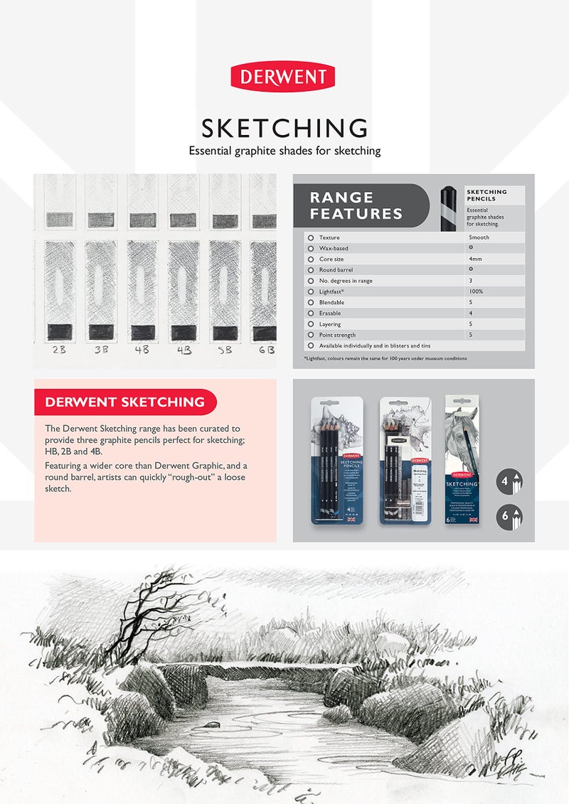 Derwent Sketching Graphite Pencils Blister, Ideal for Sketching & Drawing, Includes Sketching and Watersoluble Sketching Pencils, Professional Quality - 39003 (Set of 4) - Image 3