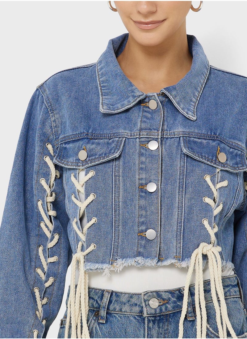 Ginger - Lace Up Detail Cropped Denim Jacket - Image 1
