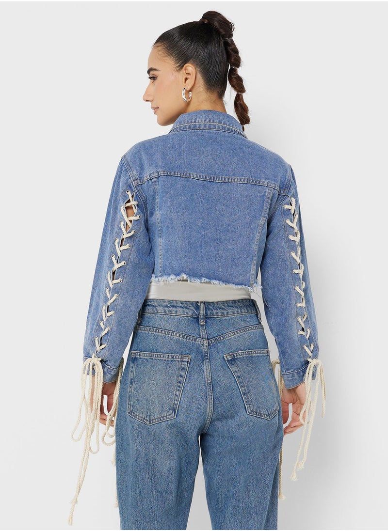 Ginger - Lace Up Detail Cropped Denim Jacket - Image 1