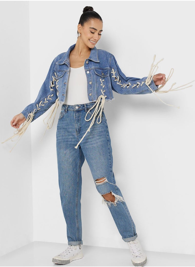 Ginger - Lace Up Detail Cropped Denim Jacket - Image 1